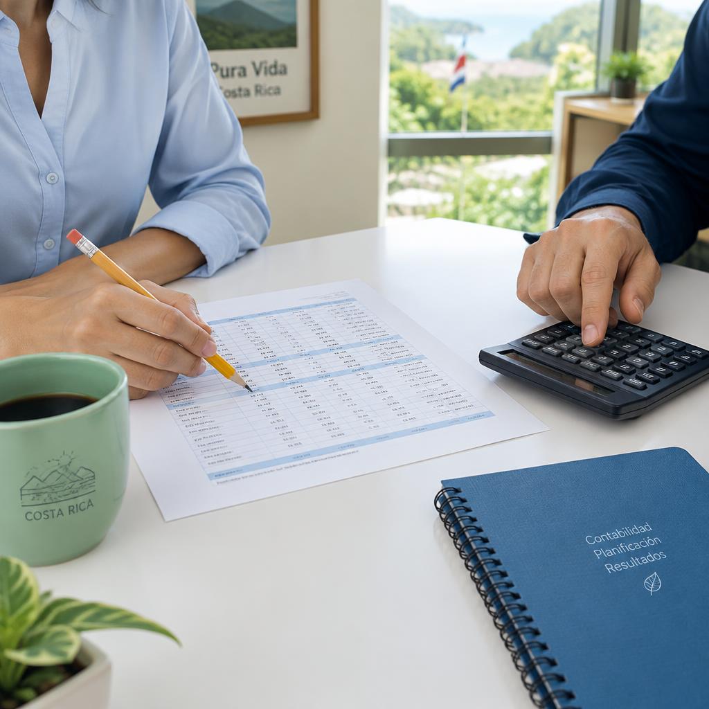 Contadores revisando un reporte con calculadora